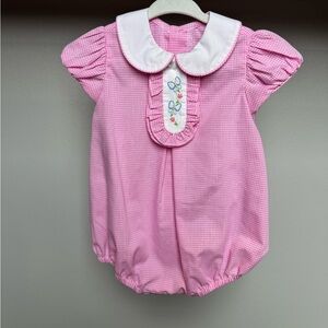 Pink Gingham Baby Romper with Embroidered Details